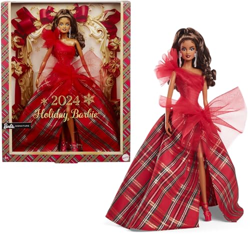Barbie Signature 2024 Holiday Doll with Light Brown Hair in Plaid Gown, Collectible Toy in Displayable Packaging