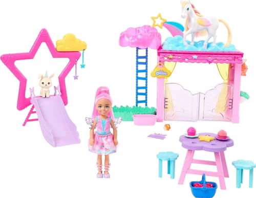 Barbie Chelsea Doll and Baby Pegasus Playset, Winged Horse Toys, Barbie A Touch of Magic Set with Stable, Pet Bunny and Accessories, JCW56