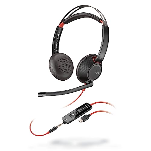 Poly Blackwire 5220 Wired Headset - Flexible Boom Mic - Noise Cancelling Headphones with Mic - USB-C, USB-A, 3.5mm - Ergonomic Over-Ear Design - Works with Microsoft Teams, Zoom - Work from Home