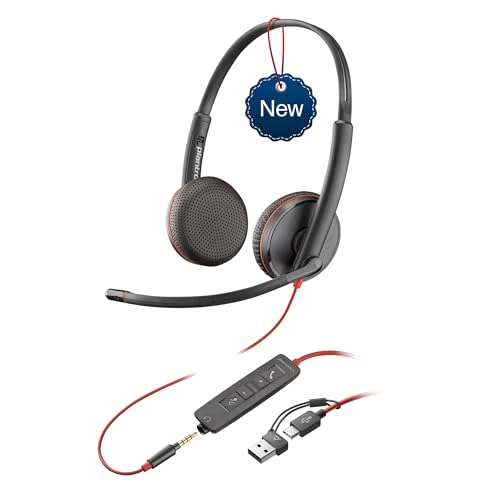 Poly Blackwire 3220 Wired Headset with Mic, Hi-Fi Stereo Sound, Noise-Canceling Mic, Stereo Design, Connect to PC via USB-C & USB-A Adapter, Over-Ear Design, Works with Virtual Meeting Platforms