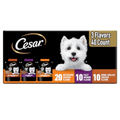 Cesar Filets in Gravy Wet Dog Food Filet Mignon Flavor, Rotisserie Chicken Flavor, and Wood-Grilled Chicken Flavor Variety Pack, 1.76 oz. Mini-Pouches (40 Count, Pack of 1)