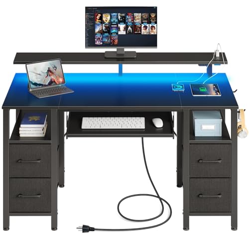 Seventable Computer Desk 47.2" with LED Lights & Power Outlets, Home Office Desk with 4 Drawers, Writing Desk with Keyboard Tray, Study Table with Monitor Stand, Work Desks for Home Office, Black
