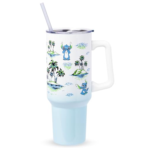 Silver Buffalo Disney Lilo and Stitch Vintage Sketch Palm Trees and Flowers Stainless Steel Tumbler with Handle and Straw, Fits in Standard Cup Holder, 40 Ounces