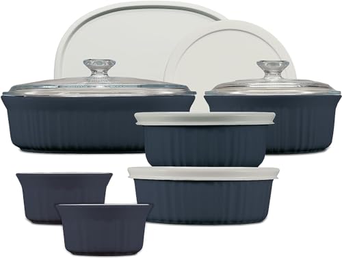 CorningWare Ceramic Bakeware Set with Lids Chip and Crack Resistant Stoneware Baking Dish, Microwave, Dishwasher, Oven, Freezer and Fridge Safe, 12-Piece French Navy