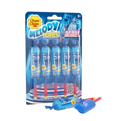 Chupa Chups Melody Pop, Halloween Trick or Treat Candy, Blue Raspberry Flavor, Whistle Lollipops, Individually Wrapped Candy Suckers, 5 Count Pack