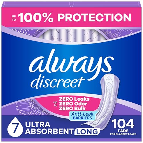Always Discreet Adult Incontinence Pads for Women, Ultimate Extra Absorbency, Long Length, Postpartum Pads, 104 Count (4 Packs of 26)