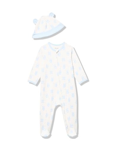 Little Me Baby Boys' 100% Cotton Scratch-Free Tag Footed One-Piece Romper and Hat Sleeper Set, Happy Bear, Newborn