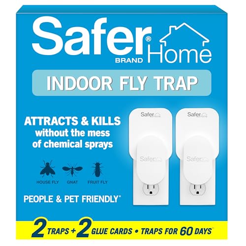 Safer Home Flying Insect Trap, Plug-in Fruit Fly Trap for Indoors, 2-Pack | Flying Insect, Moth, & Gnat Trap, Fruit Fly Killer, Fly Catcher, 24/7 Catch, Chemical-Free, 2 Traps + 2 Glue Cards, SH502-2SR