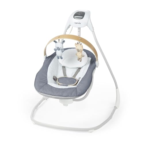 Ingenuity SimpleComfort Compact Baby Swing, Rotating Seat Swings in 3 Directions, 6 Speeds, 8 Melodies & 3 Nature Sounds, Ages 0-9 Months, Up to 20 Pounds - Chambray