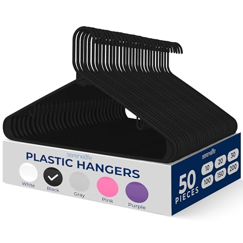SereneLife Plastic Hangers 50 pcs, Non-Slip Heavy Duty Clothes Hanger Set with 360° Swivel Hook, Smooth Finish to Protect Fabric, Lightweight, Ultra-Thin Hangers for Coats and Other Clothes (Black)