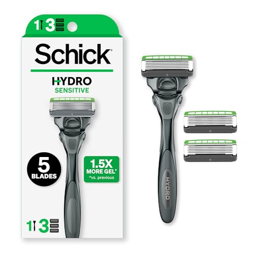 Schick Hydro Sensitive Razor, 1 Razor Handle and 3 Cartridges | Razors for Men Sensitive Skin, 5 Blade Razor Men, Mens Razors for Shaving, Razor Blades for Men, 1 Handle with 3 Razor Blades Refills