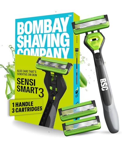 BOMBAE  Bombay Shaving Company Sensi Smart 3 Value Pack (Handle + 3 Blades Cartridge) | Shaving Razor for Men | Aloe Gel and Argan Oil Lubra Strip wit
