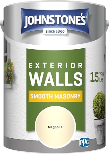 Johnstone's Exterior Smooth Masonry Paint - Magnolia | Brick, Concrete, Patio & Outdoor Walls |15 Years Protection, Weather & Dirt Resistant | 60m² Coverage Per Tin, Dry in 1-2 Hours | 5 L