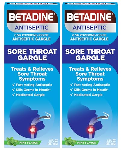 Betadine Sore Throat Relief Gargle, Mint Flavor, Fast Acting Antiseptic, Povidone-Iodine 0.5%, 8 oz (Pack of 2)