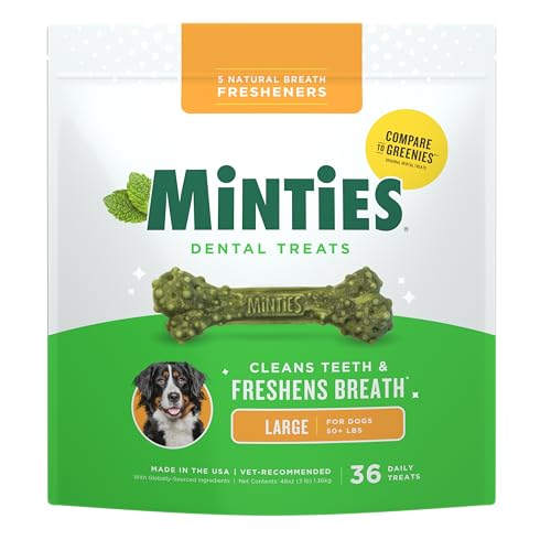 Minties Dental Chews for Dogs, 36 Count, Vet-Recommended Mint-Flavored Treats for Large Dogs Over 50 lbs, Dental Bones Clean Teeth, Fight Bad Breath, and Removes Plaque and Tartar
