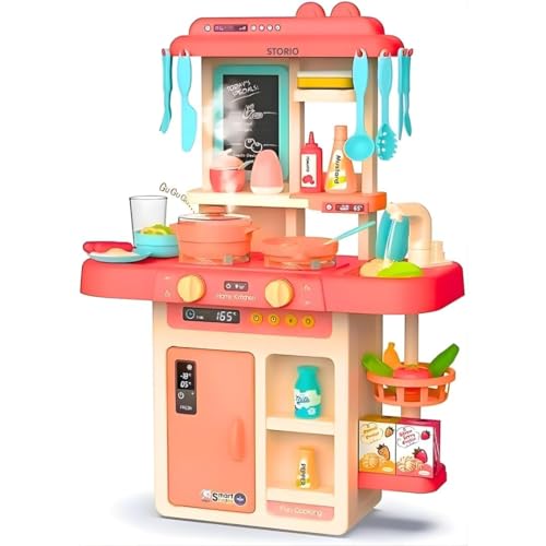 Storio Kitchen Set for Girls, Kids Kitchen Set with Gas Sound & Light | 44-piece kitchen play set with running water sink, cooking sounds, lights and 