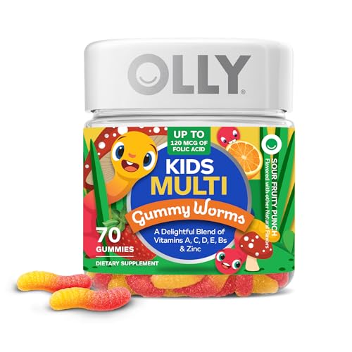 OLLY Kids Multivitamin Gummy Worms, Overall Health and Immune Support, Vitamins and Minerals A, C, D, E, Bs and Zinc, Chewable Supplement, Sour Fruit Punch, 45 Day Supply (70 Count)
