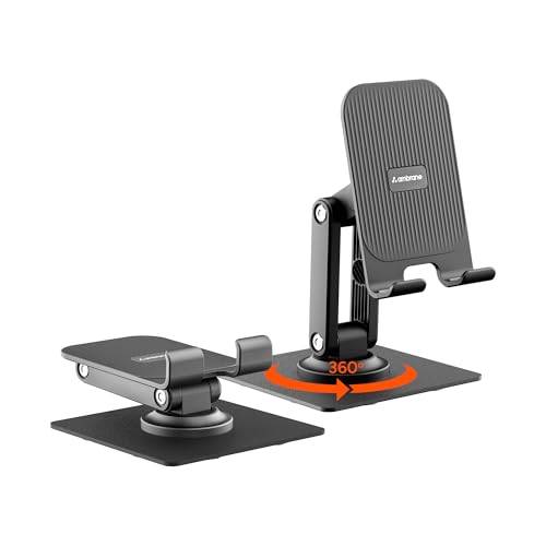 Ambrane 360° Rotation, Foldable Design Mobile Stand with Stable Metalic Round Base, Multiple Height & Angle adjustments Compatible with Smartphones, T