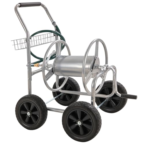 VEVOR Hose Reel Cart, Hold Up to 250 ft of 5/8’’ Hose, Garden Water Hose Carts Mobile Tools with 4 Wheels, Heavy Duty Powder-coated Steel Outdoor Planting with Storage Basket, for Garden, Yard, Lawn