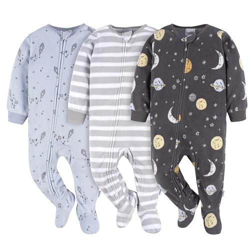Gerber Baby Boys' Toddler Flame Resistant Fleece Footed Pajamas 3-pack, Space, 12 Months