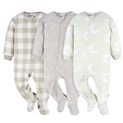 Gerber Unisex Baby Toddler Flame Resistant Fleece Footed Pajamas 3-Pack, Moons, 12 Months