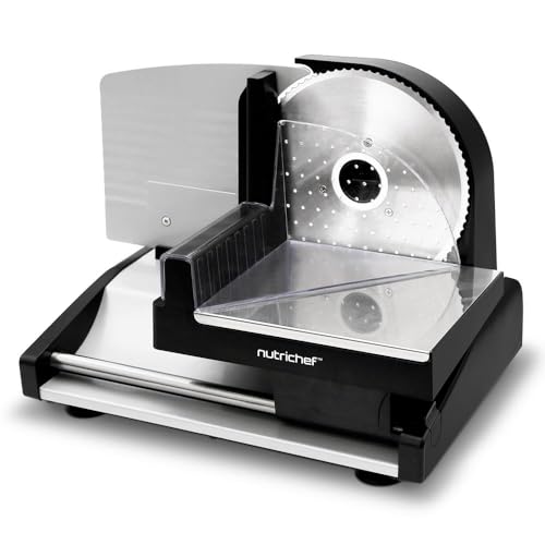 Nutrichef Electric Meat Slicer | 200W Automatic Meat, Deli & Bread Slicer | Adjustable Dial for 0-15mm Cutting Range Thickness | Removable 7.5 IN Stainless Steel Blade & Food Pusher for Safety (Black)