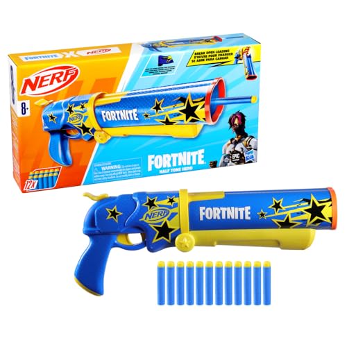 Nerf Fortnite Half Tone Hero Blaster, Bonus Code to Unlock Half Tone Hero Wrap in The Game, Break Open Loading, 12 Nerf Elite Darts, Fortnite Gifts (Amazon Exclusive)