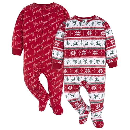 Gerber Unisex Baby Toddler Flame Resistant Fleece Footed Holiday Pajamas 2-Pack, Deer Fairisle, 3-6 Months