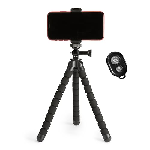 Amazon Basics Portable and Flexible Tripod with Wireless Remote and Smartphone Clamp, 10-inch long, Black