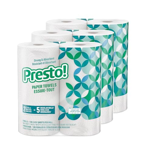 Amazon Brand - Presto! Kitchen Paper Towels - Flex-a-Size, 128 Sheet Family Roll, 6 Rolls (3 Packs of 2), White
