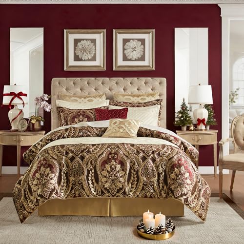 Croscill Cal King Comforter Set, Luxe Chenille Jacquard Damask, Soft Microfiber Twill Comforter, Oversized Comforter Cal King Bedding, Shams & Bedskirt, Julius, Cal King, Burgundy