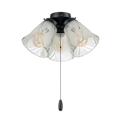 Aspen Creative 22012-3, Three-Light Ceiling Fan Light Kit with Pull Chain, Matte Black Finish with Frosted and Clear Glass Shades, 14" Diameter x 7-3/8" Height
