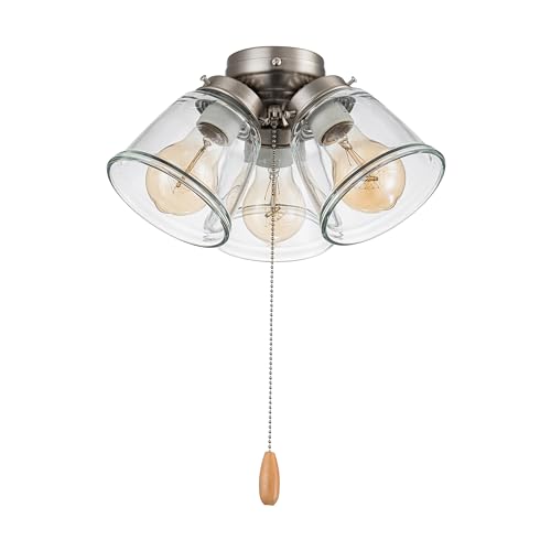 Aspen Creative 22011-1, Three-Light Ceiling Fan Light Kit with Pull Chain, Brushed Nickel Finish with Clear Glass Shades, 13-1/8" Diameter x 6-3/4" Height