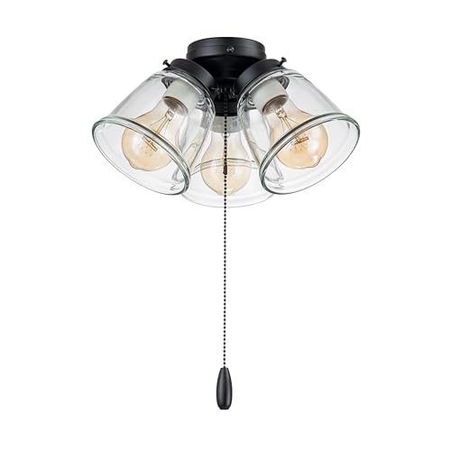 Aspen Creative 22012-1, Three-Light Ceiling Fan Light Kit with Pull Chain, Matte Black Finish with Clear Glass Shades, 13-1/8" Diameter x 6-3/4" Height