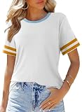 SHEWIN Womens Tops Dressy Casual Short Sleeve Tops for Women Crewneck Slim Fit Cotton T Shirts for Women Comfort Colors Tshirt White Medium