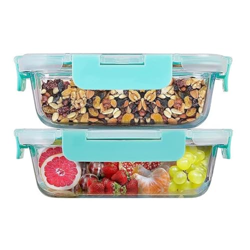 SIMPARTE 370ml Rectangular Borosilicate Glass Food Storage Containers with Detachable Airtight Leak-Proof Blue Lids – Set of 2 | Microwave, Freezer & 