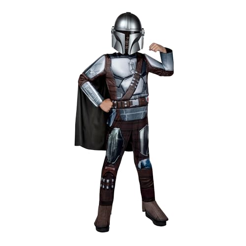 Star Wars The Mandalorian Official Youth Costume - Premium Quality Padded Jumpsuit with Plastic Mask and Detachable Cape (M) Multi