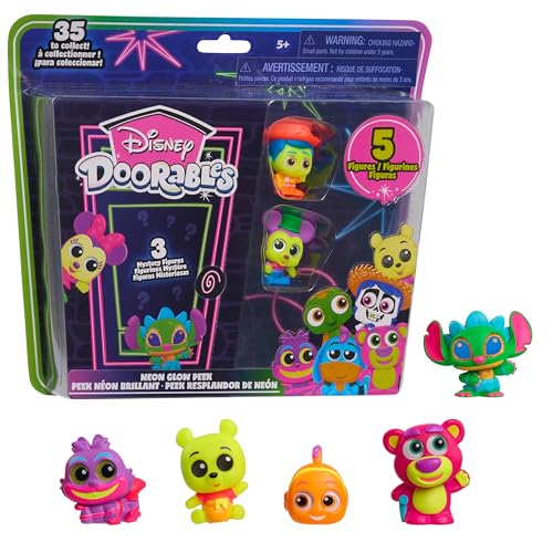 Just Play Disney Doorables Neon Glow Peek Figures, 5 Figurines de Collection édition spéciale de 3,8 cm, Jouets pour Enfants à partir de 5 Ans