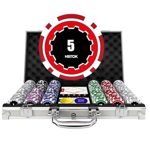Poker Chips with Denominations, 300-pcs 11.5g Weighted Numbered Casino Chips Set, 5 Dice, 2 Decks with Compact Aluminum 