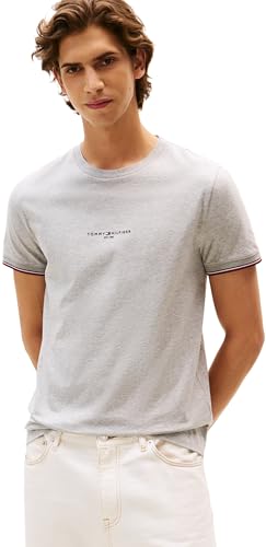 (-68%) Tommy Hilfiger Herren T-Shirt Kurzarm Logo Tipped Rundhalsausschnitt, Grau (Light Grey Heather), XL