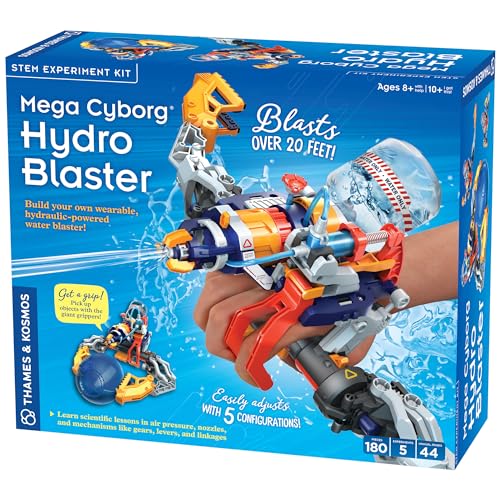 Thames & Kosmos Mega Cyborg Hydro Blaster STEM Experiment Kit, Toy of The Year Finalist - Build a Wearable Hydraulic-Powered Water Toy & Gripper, Shoots Water Up to 20 Feet, Transforms Into 5 Models