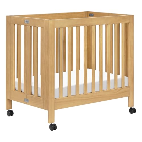 Babyletto Origami Mini Crib with Wheels - GREENGUARD Gold Certified - Portable Baby Crib for Small Spaces - Foldable & Converts to Twin Bed - Easy Setup - 2 Adjustable Mattress Positions - Honey