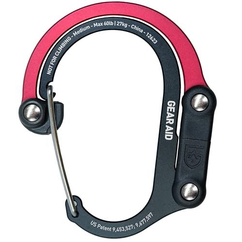 GEAR AID HEROCLIP Carabiner Gear Clip and Hook (Medium) for Camping, Backpack, and Garage Organization, Black and Red, 1 Pack