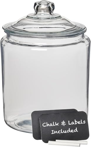 Anchor Hocking Heritage Hill Glass Jar with Lid, 2 Gallon Capacity, with 2 Chalkboard Labels and Chalk