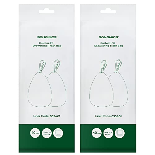 SONGMICS Trash Bags for 12-14.5 Gallon (45-55L) Trash Cans, Drawstring Kitchen Garbage Bags, Pre-Separated, Liner Code 055A01, 2 Rolls,White UKRB055A02