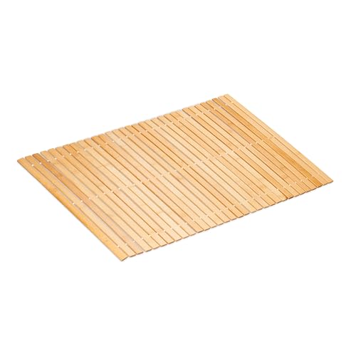Relaxdays Bamboo Bath Mat, 80x50 cm, Non-Slip, for Shower, Roll-up Bathroom Accessory, Rubber Pads, Slats, Natural/White, 80 x 50 cm
