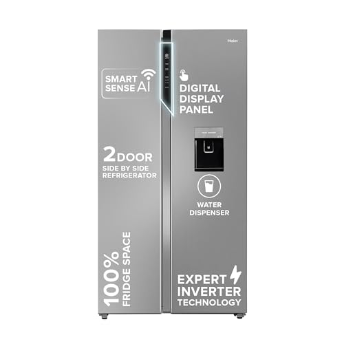 Haier 596L Frost Free Side by Side Refrigerator with Water Dispenser (HRS-682SWDU1, Shiny Steel)