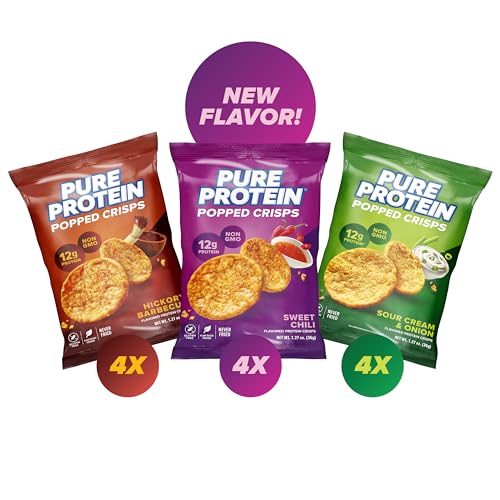 Pure Protein Popped Crisps, High Protein Snack, 12G Protein, Variety Pack: Hickory Barbecue, Sour Cream & Onion, Sweet Chili, 12 Count