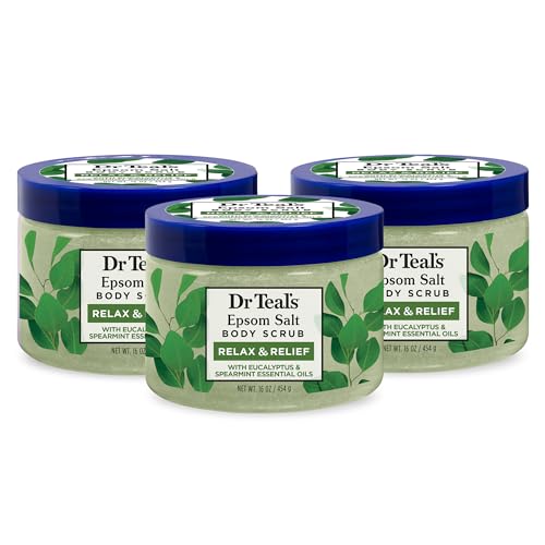 Dr Teal's Pure Epsom Salt Body Scrub, Relax & Relief with Eucalyptus & Spearmint Essential Oils, 16 oz (Pack of 3)