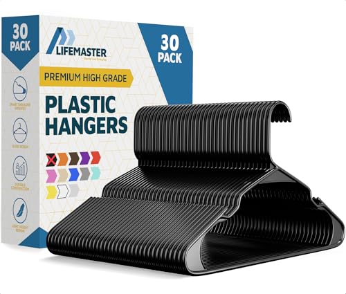 Lifemaster Plastic Clothes Hanger Set - 30 Pieces Versatile, Lightweight, Space-Saving, Non-Slip, Slim Designed, Dry and Wet Clothes Hanger Set - Black